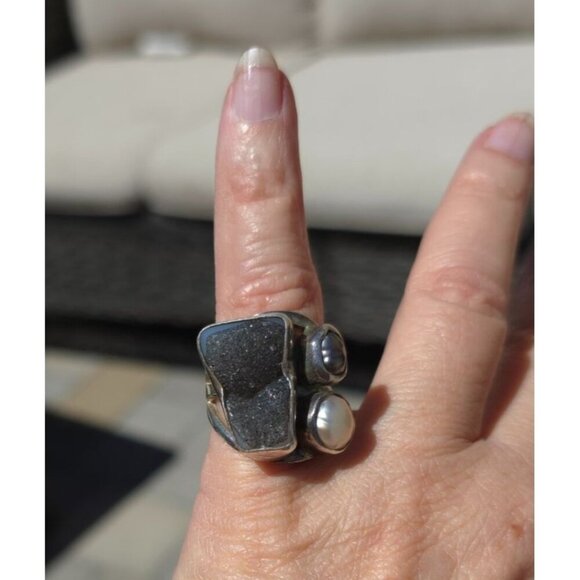 Jewelry - Vintage Brutalist 925 Silver Ring Black Druzy Quartz & Pearls Size 6-3/4 to 7